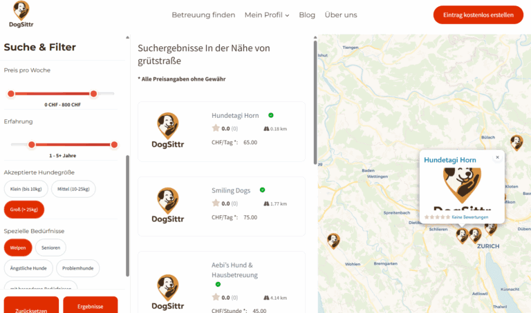 Screenshot der Hundebetreuungs-Webseite "DogSittr". Auf der linken Seite befindet sich die Such- und Filterleiste mit eingestellten Kriterien wie Preis pro Woche (0-800 CHF), Erfahrung (1-5+ Jahre), akzeptierte Hundegröße (Groß > 25kg) und spezielle Bedürfnisse (Welpen). Die Suchergebnisse in der Nähe von "grütstraße" listen "Hundetagi Horn", "Smiling Dogs" und "Aebi's Hund & Hausbetreuung" auf. Eine Karte auf der rechten Seite zeigt den Standort von "Hundetagi Horn" in der Nähe von Zürich.