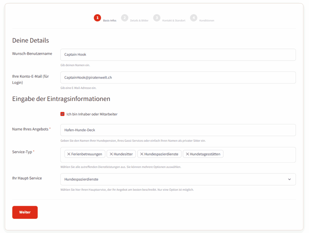 Screenshot des Formulars (Schritt 1)