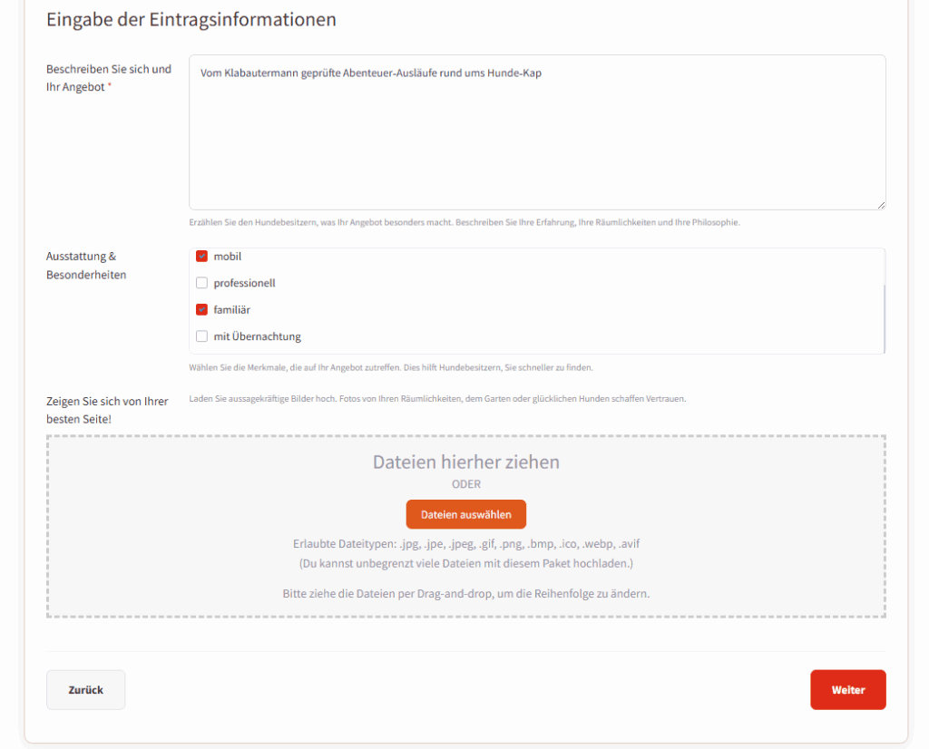 Screenshot des Formulars (Schritt 2)