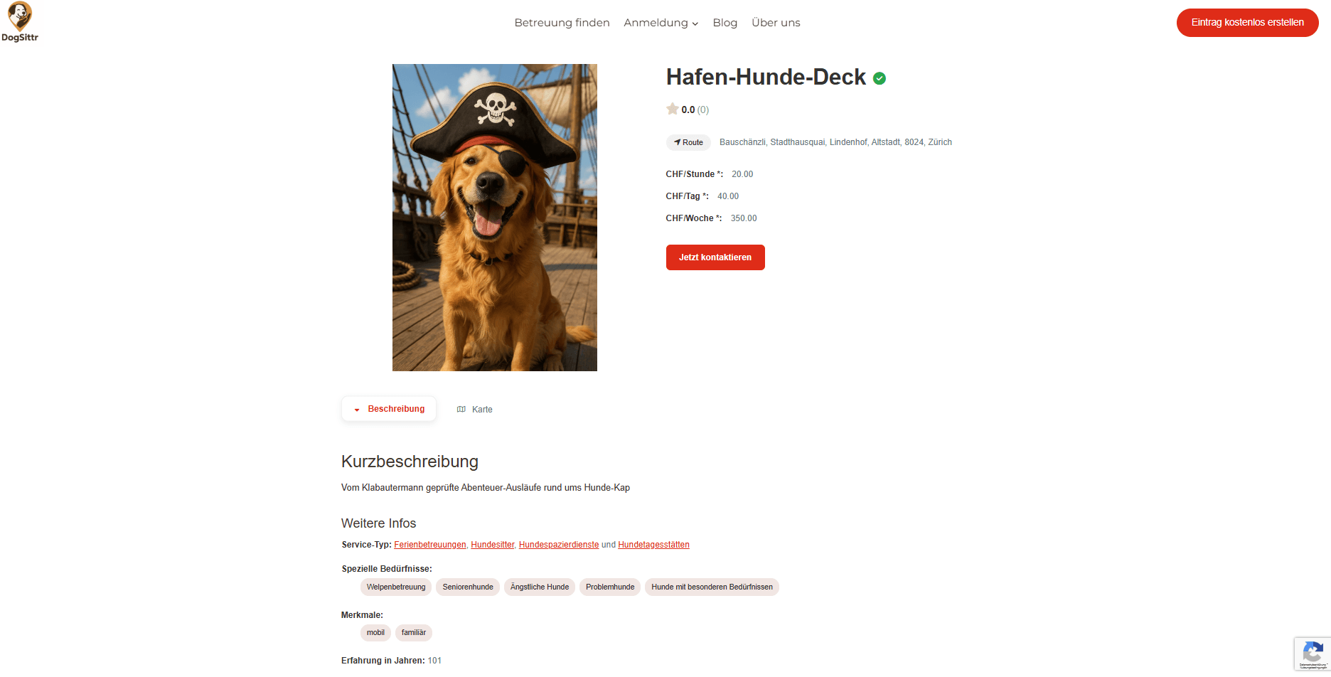 Eintrag Vorschau mit Golden Retriever als Pirat