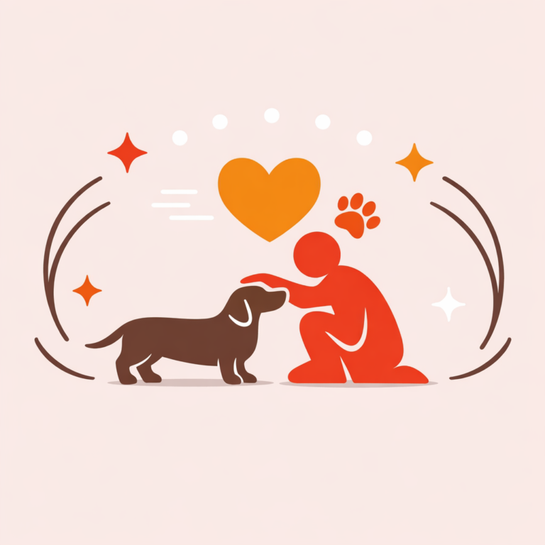 A minimalist modern vector illustration on a soft beige-pink background (#f1e6e3). Centered is a stylized dachshund silhouette in warm brown (#5a453d) standing close to a simplified human figure in vibrant red-orange (#e02d00),