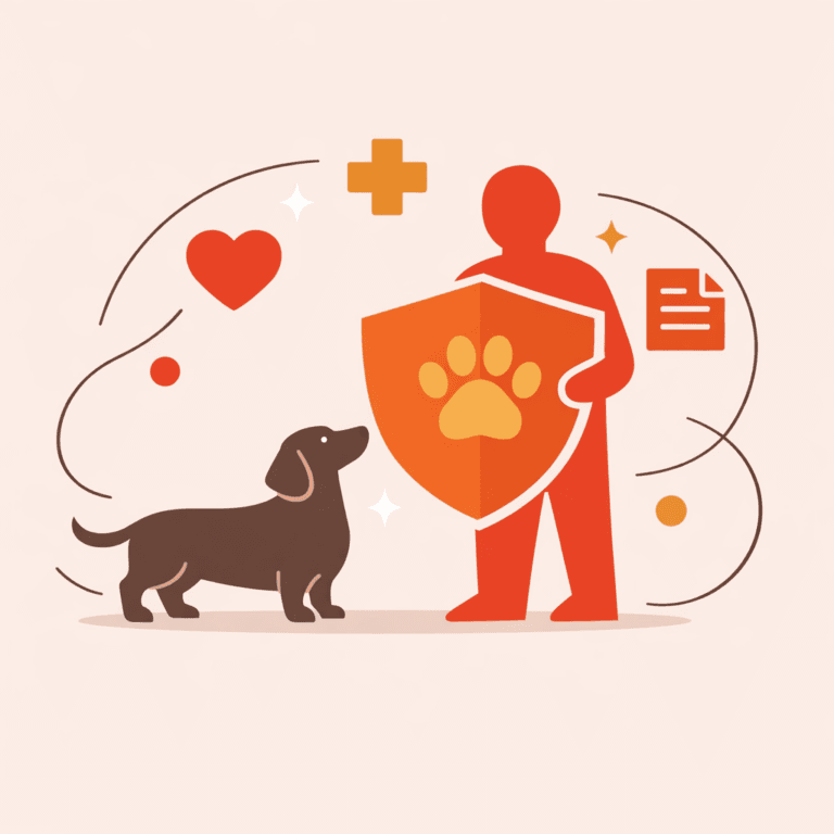 stylized dachshund silhouette in warm brown (#5a453d) standing in side profile, slightly looking up, next to a simplified human silhouette in vibrant red-orange (#e02d00) holding a large insurance shield icon (solid shape)