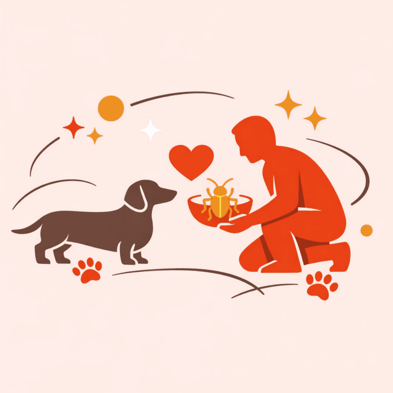 dachshund silhouette standing in warm brown (#5a453d), facing a simplified human silhouette crouching and offering a bowl in vibrant red-orange