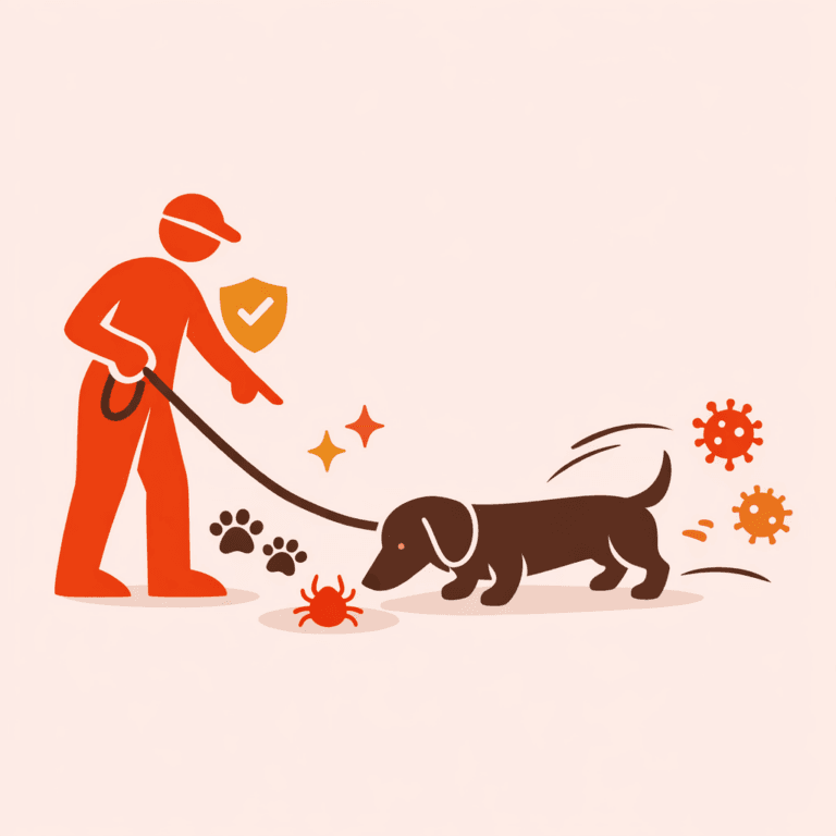 dachshund silhouette in warm brown (#5a453d) standing alert, nose close to a simplified red-orange tick icon