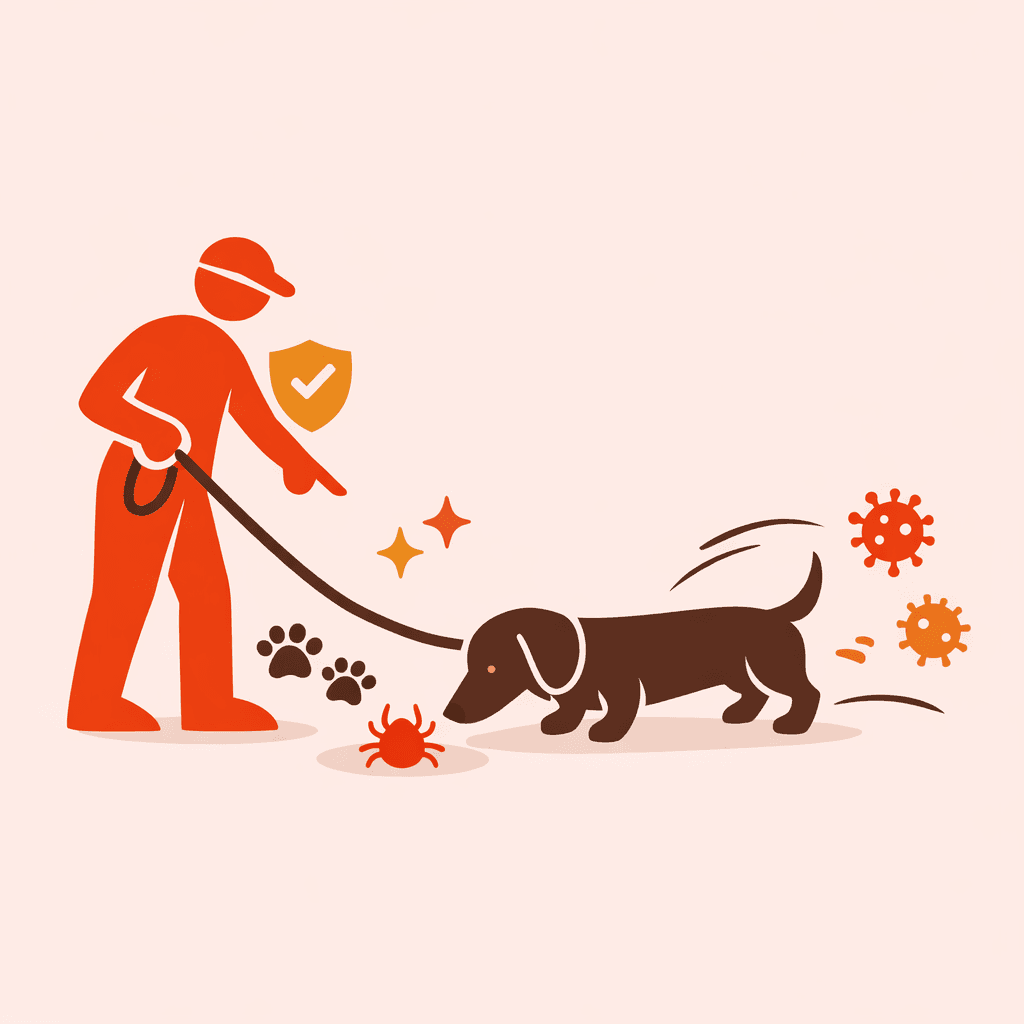 dachshund silhouette in warm brown (#5a453d) standing alert, nose close to a simplified red-orange tick icon