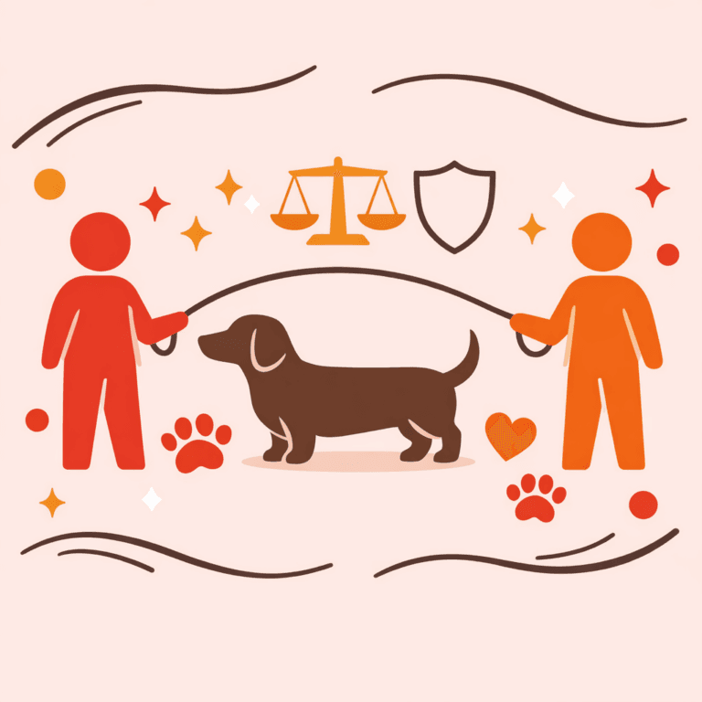 dachshund silhouette in warm brown (#5a453d) standing in the center, with two simplified human silhouettes on either side (one in vibrant red-orange #e02d00, the other in orange #e05a00) gently holding a shared leash that forms a subtle arc above the dog, symbolizing dogsharing.