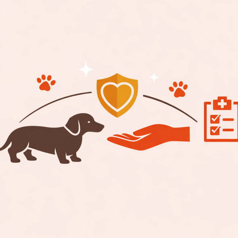 A minimalist vector illustration on a soft beige-pink background (#f1e6e3) showing a stylized dachsh