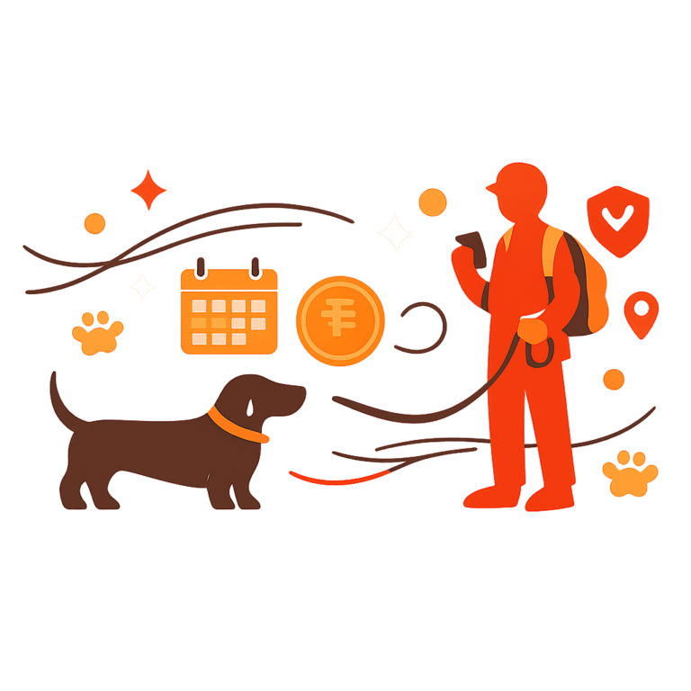 A minimalist modern vector illustration on a soft beige-pink background (#f1e6e3) showing a friendly