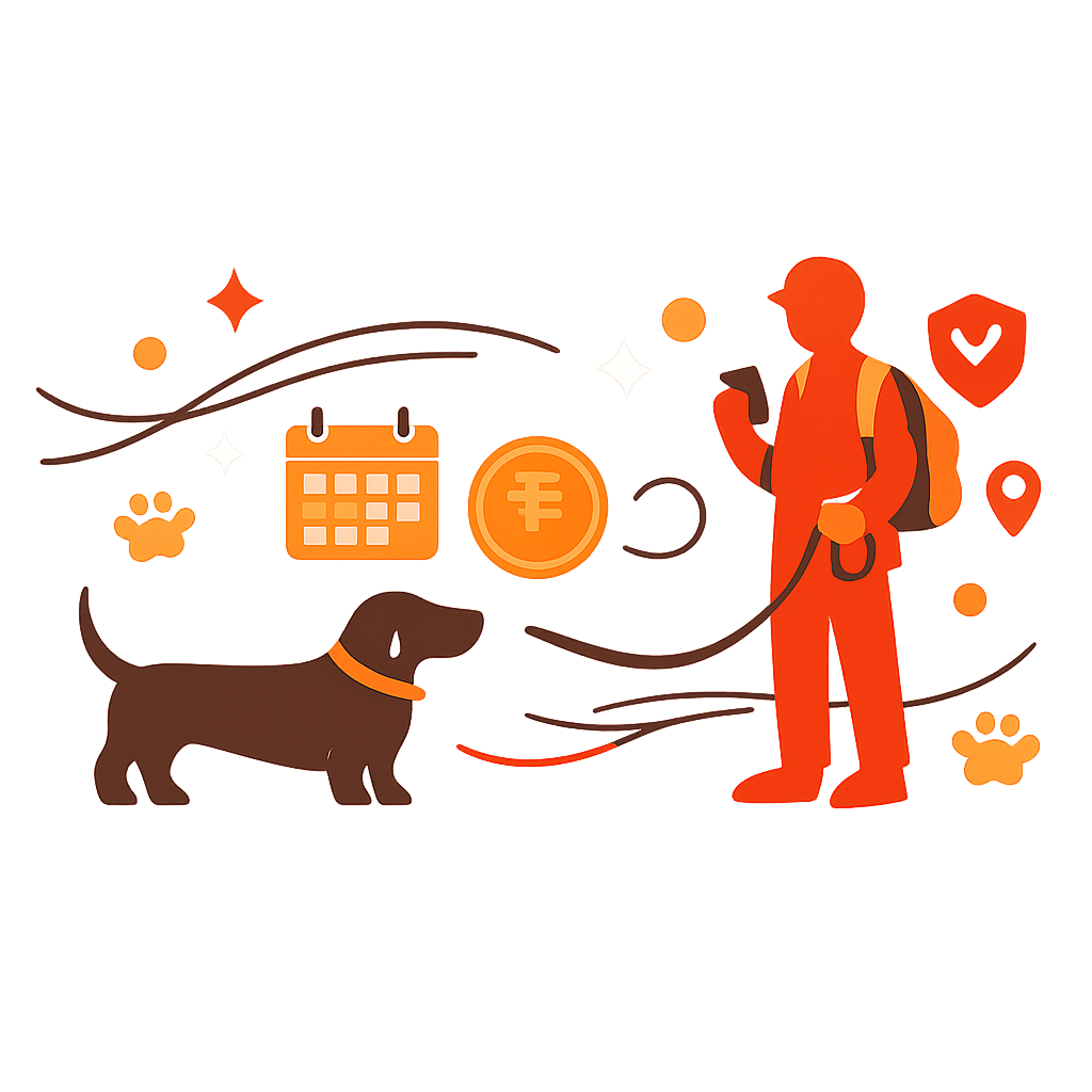 A minimalist modern vector illustration on a soft beige-pink background (#f1e6e3) showing a friendly